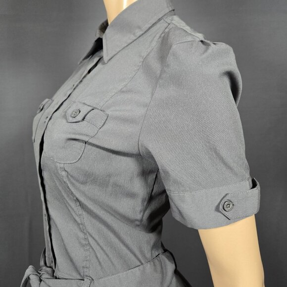 Y2K Belted Button Up Shirt Blouse Size M Grey Fitted Short Sleeve Utility Grunge - Picture 6 of 9
